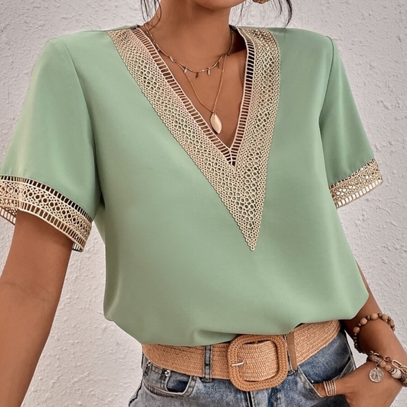 Bohemian Royal Blue V neck Lace Solid Minimalist Blouse - Picture 5 of 13